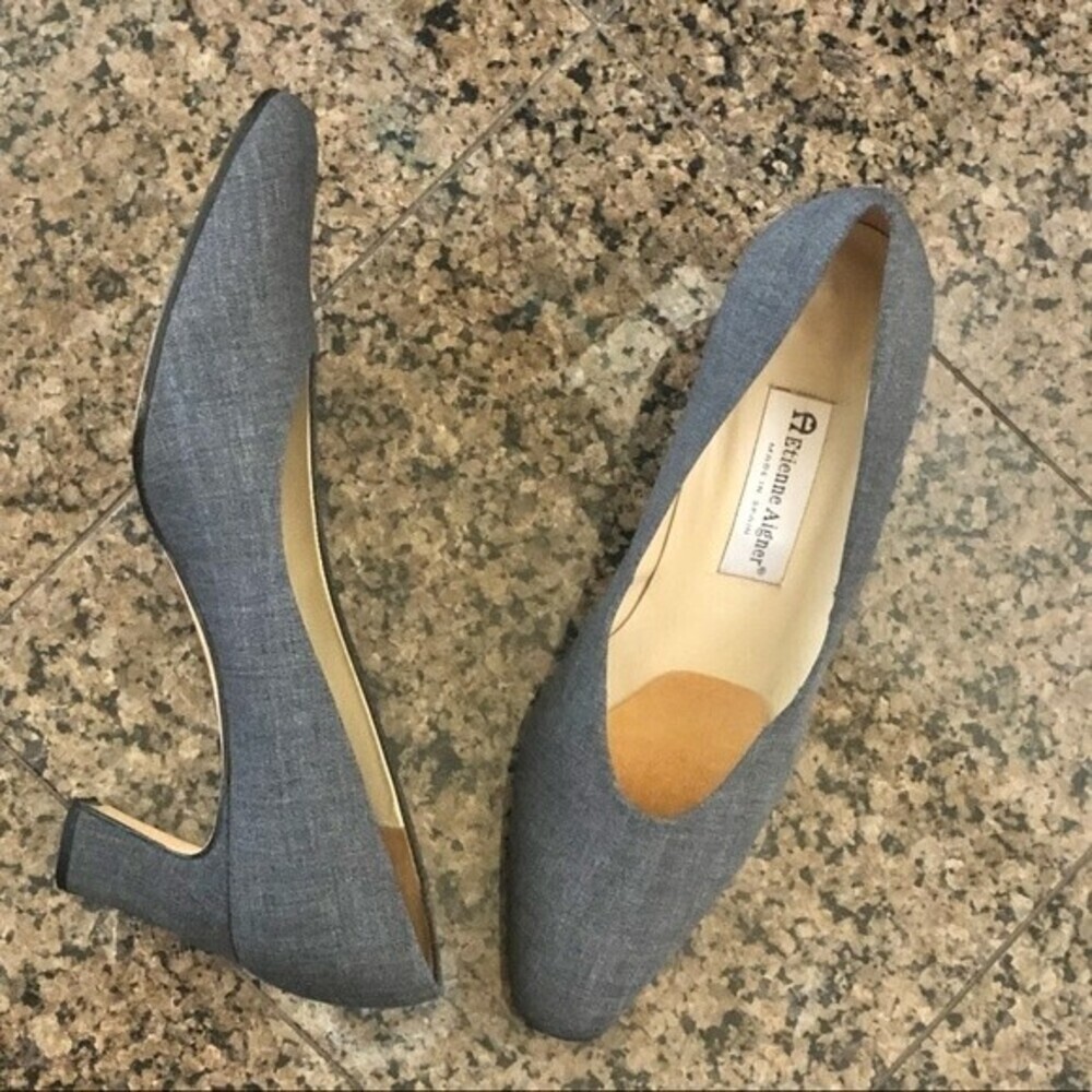 Vtg Women's Etienne Aigner Made in Spain Gray Crosshatch Fabric Pumps
